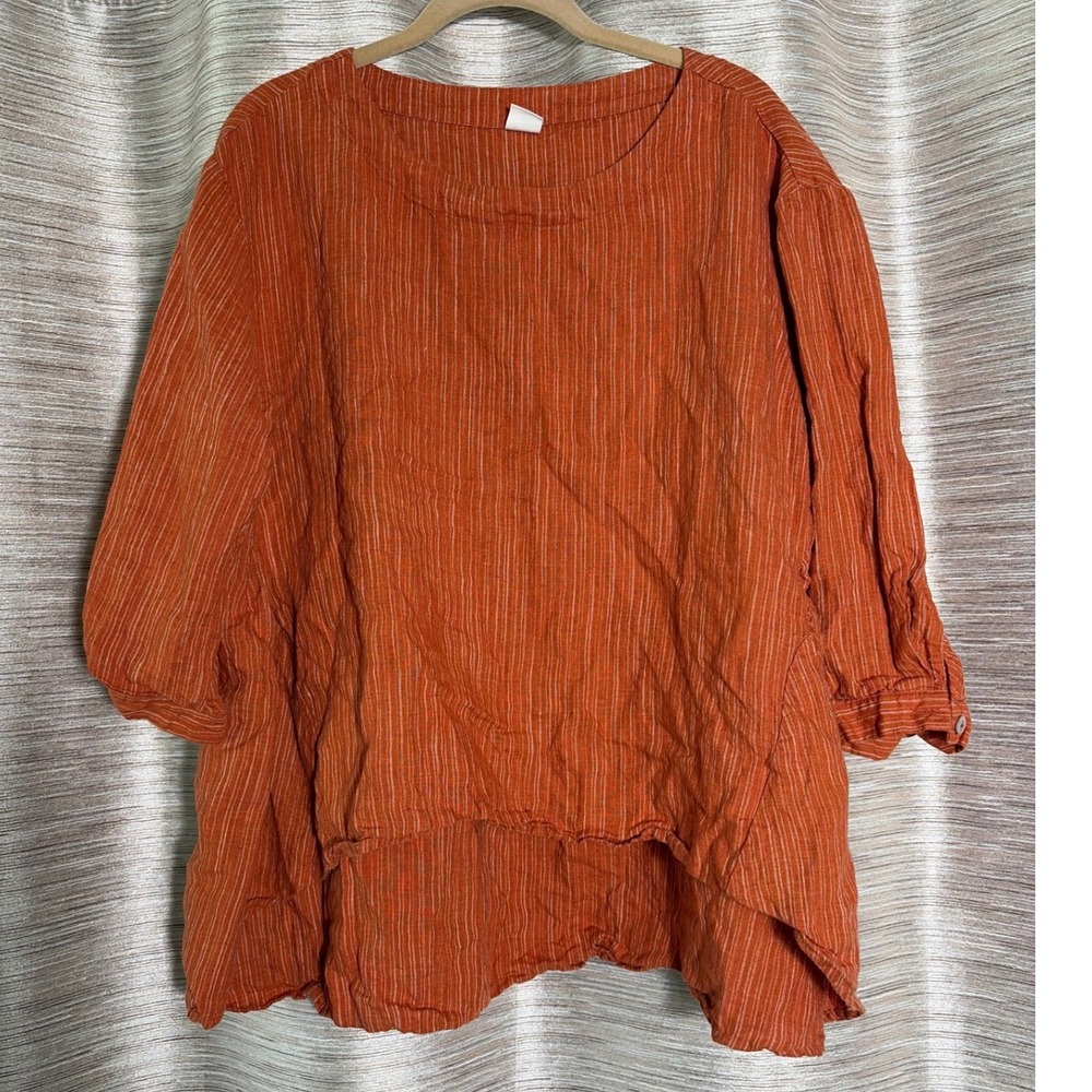 LINTICO Womens XL Linen Blend Pinstripe High Low Tunic Top Burnt Orange Boho